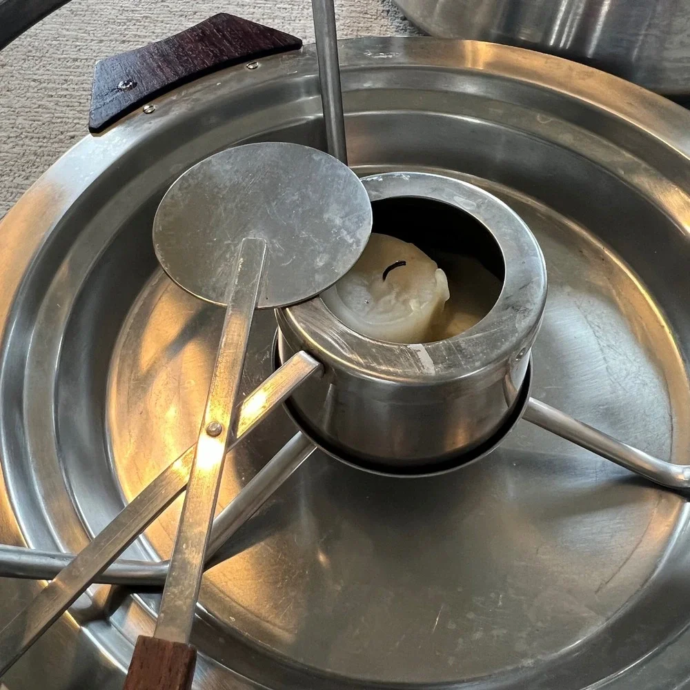 Vintage MCM Stainless Steel Fondue Set Wood Handles 18 Numbered‎ Forks Retro 70s